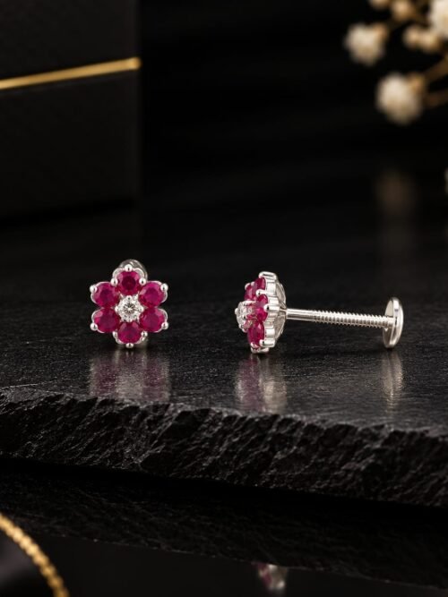 Pure Silver Ruby Flower Earring