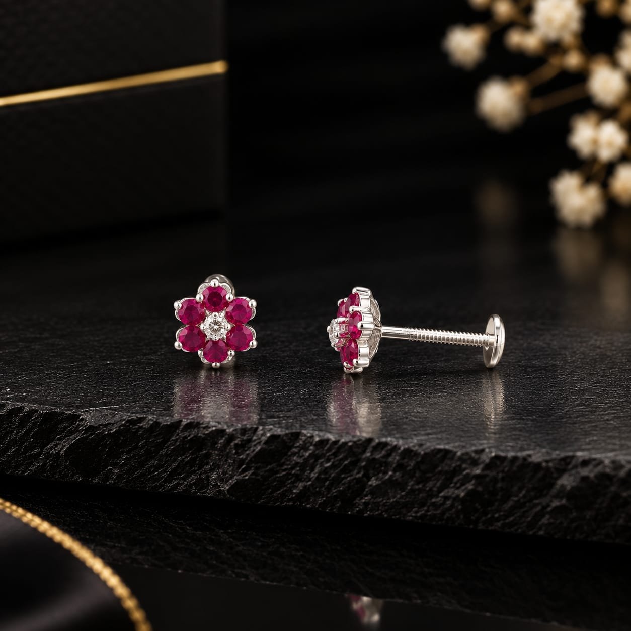 Pure Silver Ruby Flower Earring