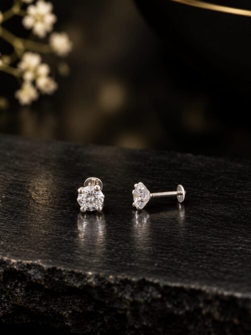 Pure Silver Round Solitaire Back Stud Earring