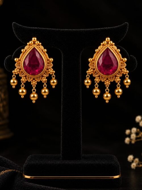 Pure Silver Gold Plated Ruby Teardrop Earrings