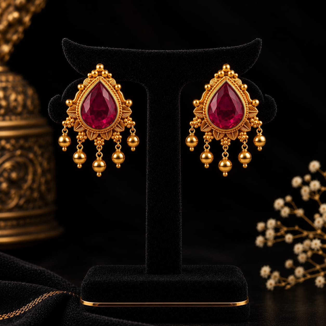 Pure Silver Gold Plated Ruby Teardrop Earrings