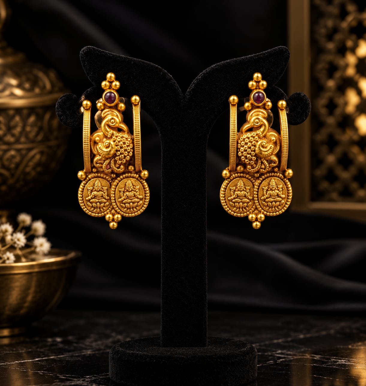 Pure Silver Lakshmi Peacock Temple Earring