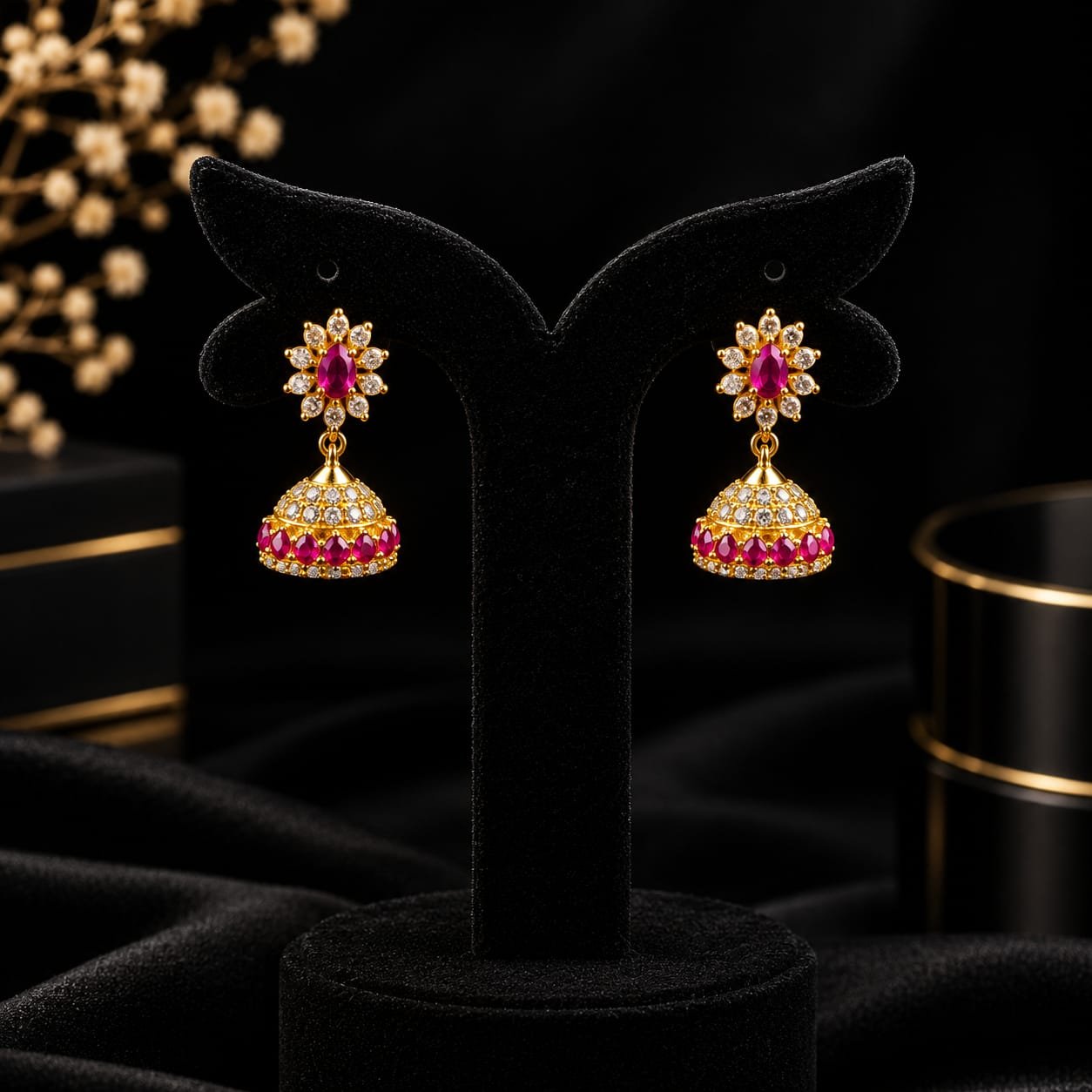 Pure Silver Ruby Bloom Jhumka