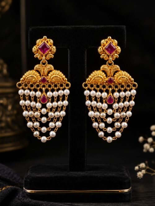 Pure Silver Gold Plated Pearl layered Jhumka Earring