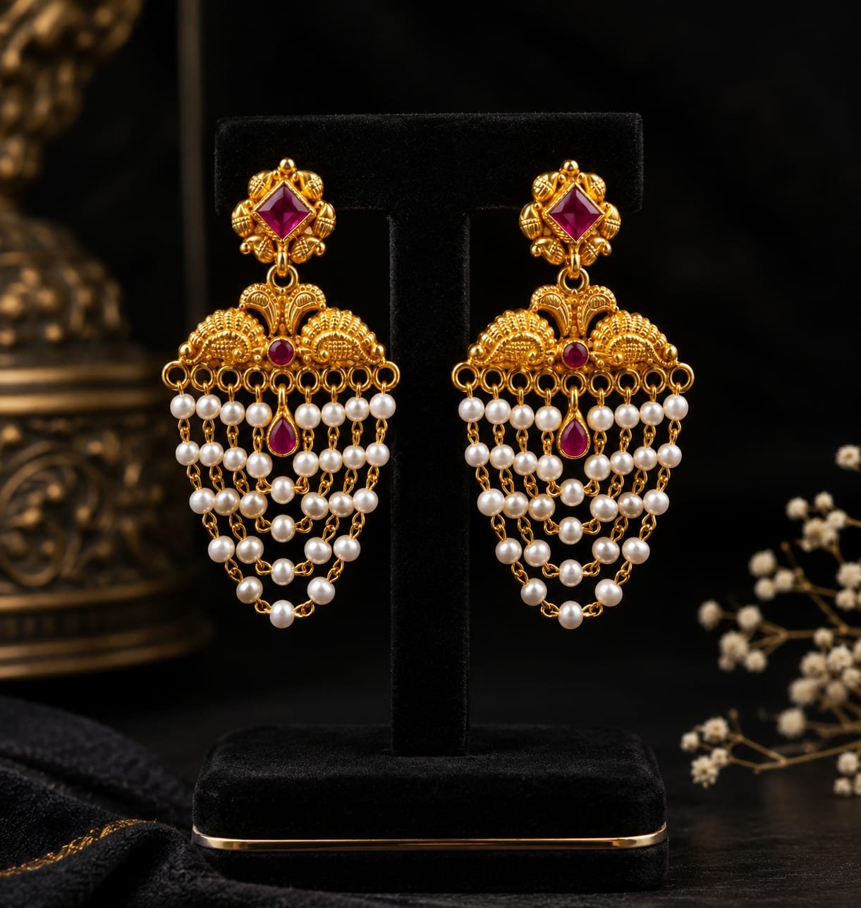 Pure Silver Gold Plated Pearl layered Jhumka Earring