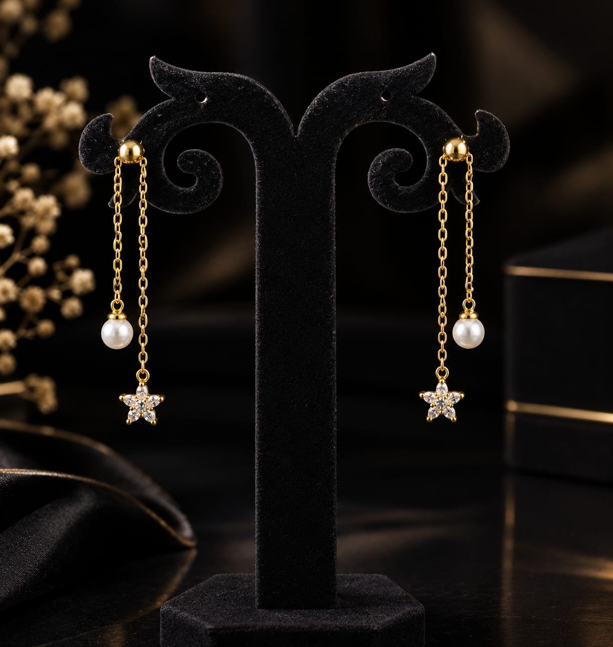 Pure Silver Gold Plated Pearl Star Dangler